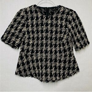 Zara womens large black tweed houndstooth pattern peplum fringe ray hem top